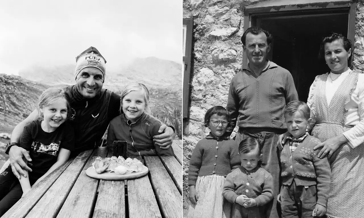 Schwarzweißfotos: Menschen am Tisch und eine Familie vor der Hütte